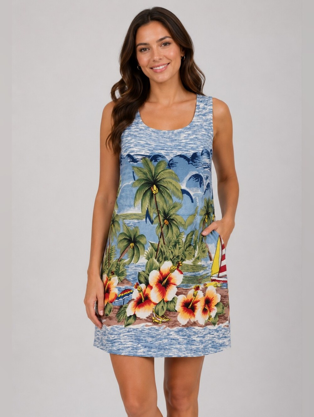Peppermint Bay Blue Tropical Palm & Hibiscus Dress